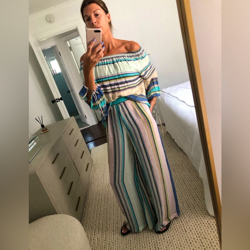 Wildfox off the shoulder striped top & wide pants matching set